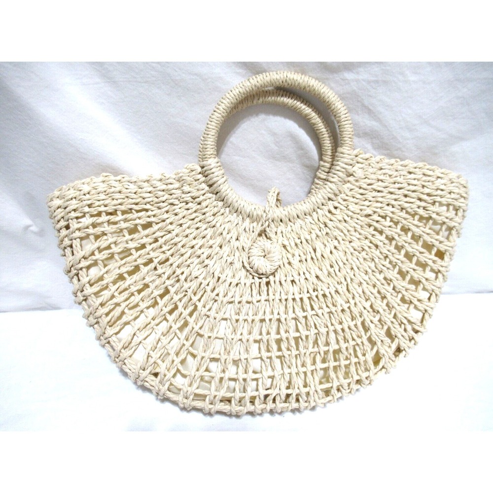 Crescent Shaped Natural Color Woven Straw Handbag Beach Bag Tote Double Handles